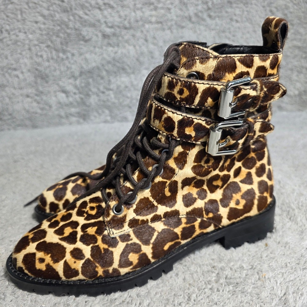 Rebecca Minkoff Leopard Cow Fur Lace Up Buckle Combat Boots Women's 6.5M NEW